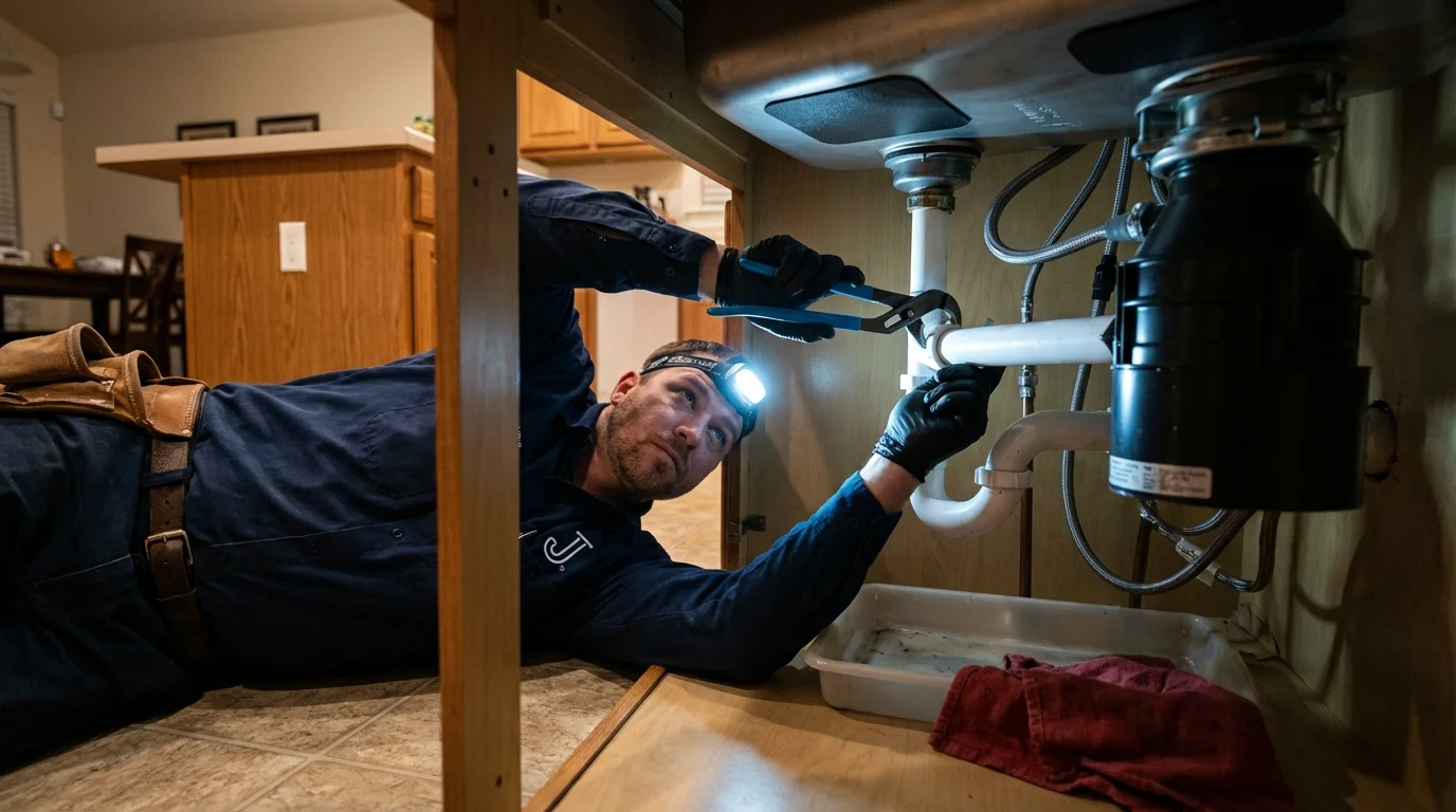 P-trap and supply line connections under a kitchen sink showing a common leak point in Brooklyn, NY